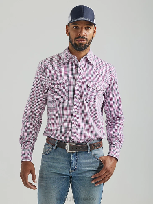 ropa mx Wrangler hombres Camisa a cuadros con botones a presión estilo occidental, manga larga, dos bolsillos, comodidad avanzada, 20x Competition mini rosa (112324834) 62D6492