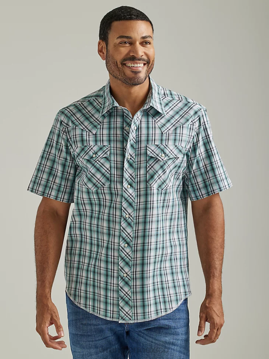 ropa mx Wrangler hombres Camisa a cuadros con broche occidental de manga corta a presión a la moda verde mar (112326468) 62D6461