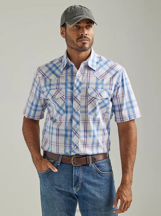 ropa mx Wrangler hombres Camisa a cuadros de dos bolsillos con broche occidental de manga corta y comodidad avanzada de competición 20x iris morado (112327811) 62D6454