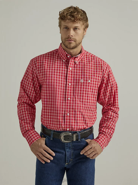 ropa mx Wrangler hombres Camisa a cuadros de manga larga con botones y un bolsillo de George Strait cuadros rojo rosado (112327829) 62D6318