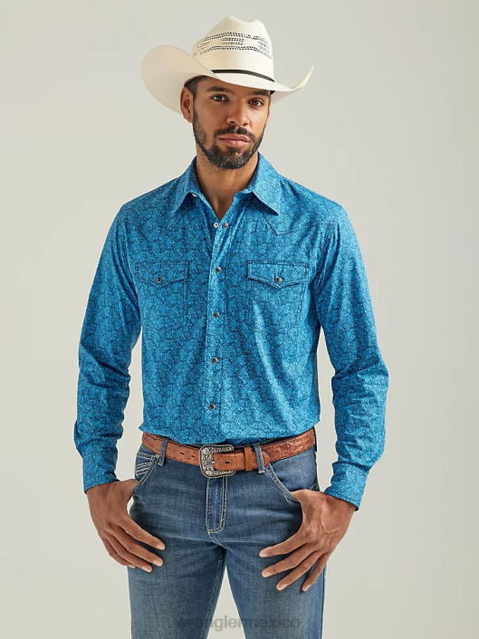 ropa mx Wrangler hombres Camisa azul de manga larga con estampado de broche occidental y comodidad avanzada de competición 20x azul (112324831) 62D6485