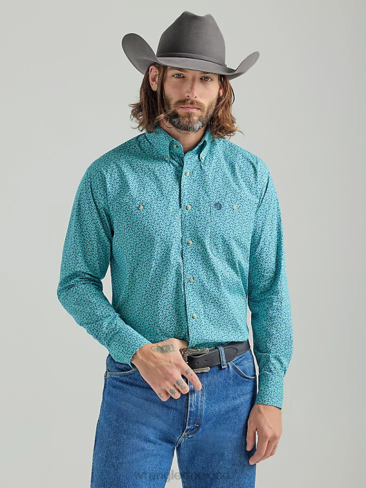 ropa mx Wrangler hombres Camisa con estampado de botones y dos bolsillos de manga larga George Strait flores verde azulado (112324889) 62D6368