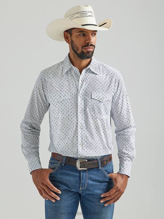 ropa mx Wrangler hombres Camisa con estampado occidental de manga larga y comodidad avanzada 20x Competition blanco azul (112324830) 62D6482