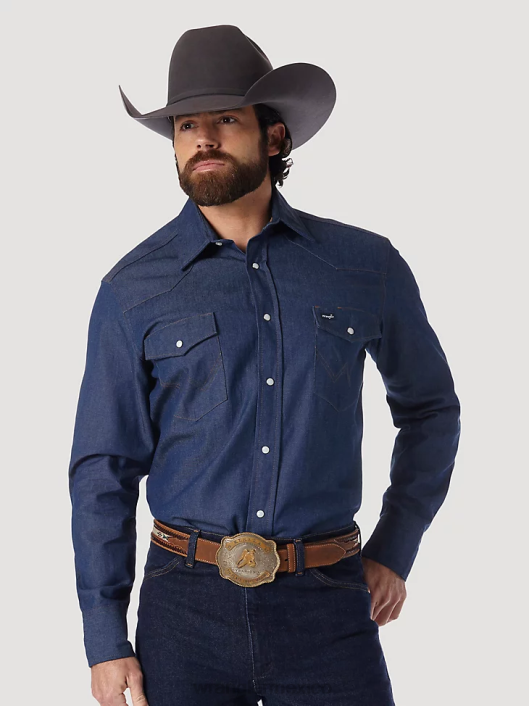 ropa mx Wrangler hombres Camisa de manga larga de mezclilla rígida estilo western con corte vaquero índigo rígido (70127mw) 62D6439