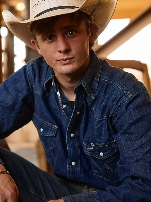 ropa mx Wrangler hombres Camisa de trabajo de mezclilla occidental de manga larga con corte vaquero mezclilla oscura (ms1041d) 62D6406