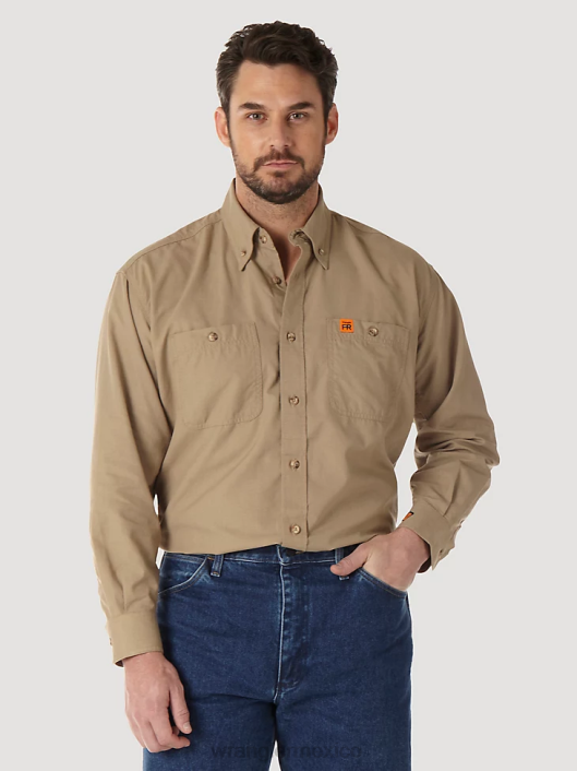 ropa mx Wrangler hombres Camisa de trabajo sólida de sarga resistente al fuego riggs workwear fr caqui (fr3w01k) 62D6403