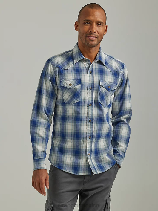 ropa mx Wrangler hombres camisa a cuadros con lavado vaquero bahía de navagio (112330909) 62D6415