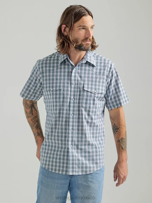 ropa mx Wrangler hombres camisa a cuadros de manga corta resistente a las arrugas gris azul (112324663) 62D6442