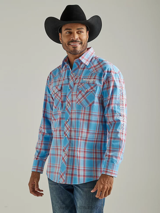 ropa mx Wrangler hombres camisa a cuadros de manga larga con logo estilo western azul soleado (112327776) 62D6498