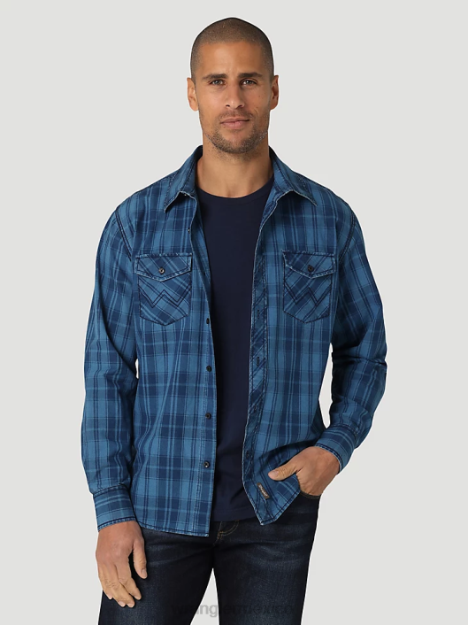 ropa mx Wrangler hombres camisa a cuadros retro premium de manga larga con botones azul (112324855) 62D6337