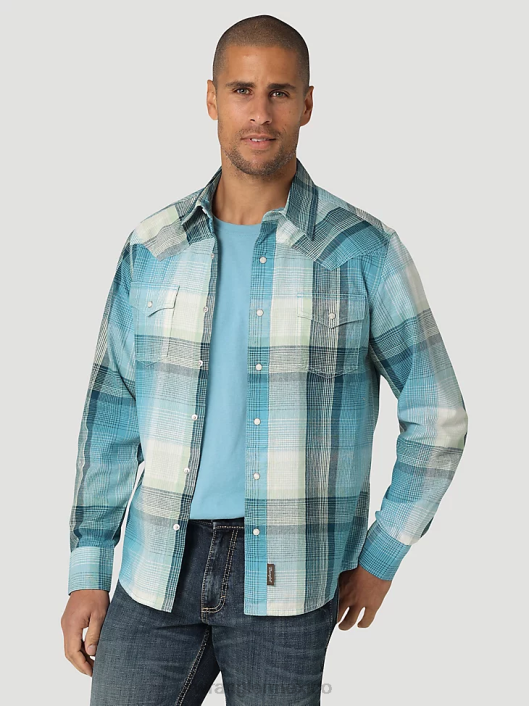 ropa mx Wrangler hombres camisa a cuadros retro premium de manga larga con broche occidental luz azul (112324851) 62D6478