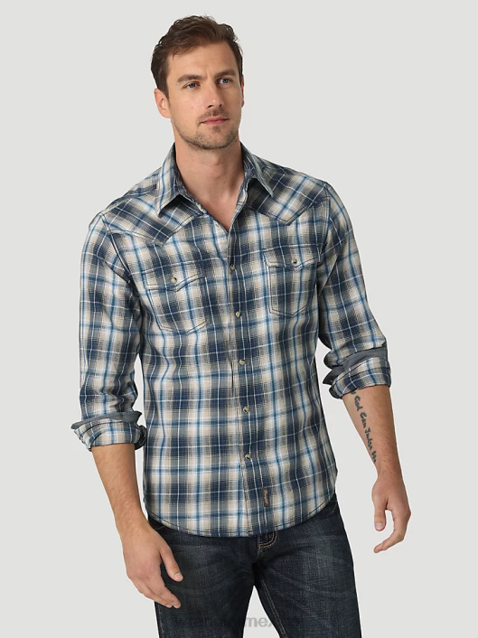 ropa mx Wrangler hombres camisa a cuadros retro premium de manga larga con broche occidental índigo profundo (112327793) 62D6480