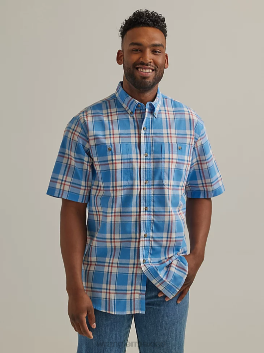ropa mx Wrangler hombres camisa con botones a cuadros de manga corta y fácil cuidado resistente azul mar (112325898) 62D6344