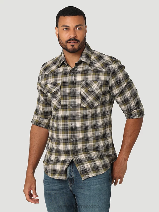 ropa mx Wrangler hombres camisa de franela con nube que se puede estirar libremente oliva capuleto (112324434) 62D6381