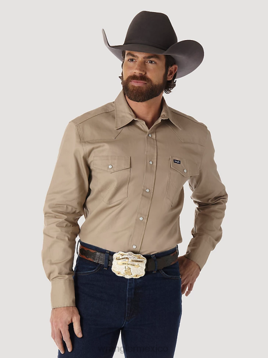 ropa mx Wrangler hombres camisa de trabajo sólida con broche occidental de manga larga y acabado firme con corte vaquero caqui (ms70319) 62D6417
