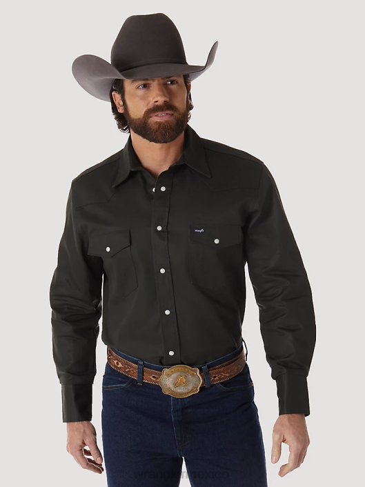 ropa mx Wrangler hombres camisa de trabajo sólida con broche occidental de manga larga y acabado firme con corte vaquero verde bosque negro (ms70519) 62D6424