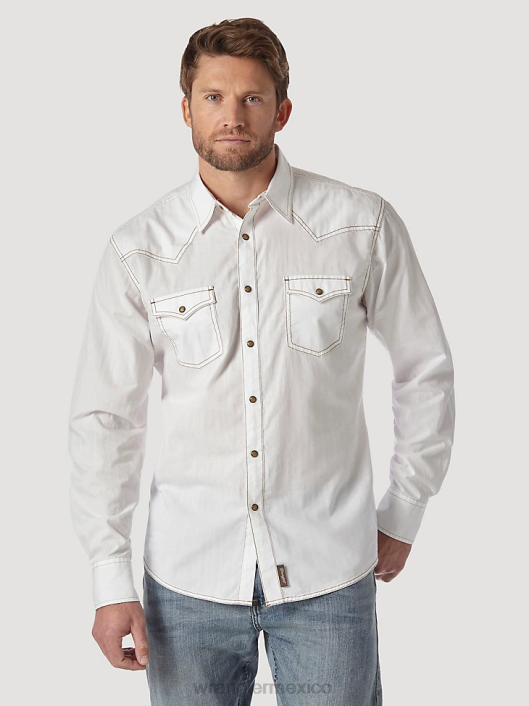 ropa mx Wrangler hombres camisa dobby sólida estilo retro de manga larga con broche occidental blanco (mvr531w) 62D6470