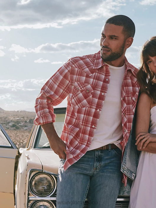 ropa mx Wrangler hombres camisa occidental retro de manga larga con bolsillo a presión y dientes de sierra rojo negrita (112324672) 62D6691