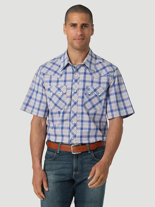 ropa mx Wrangler hombres camisa retro a cuadros de manga corta con broche occidental y bolsillo con solapa de diente de sierra picnic azul marino (112326335) 62D6431