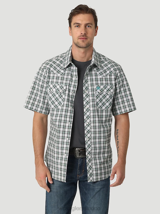 ropa mx Wrangler hombres camisa retro a cuadros de manga corta con broche occidental y bolsillo con solapa de diente de sierra picnic verde (112326336) 62D6430