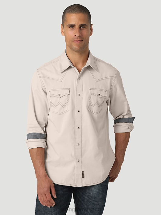 ropa mx Wrangler hombres camisa retro premium de manga larga con botones y color sólido bronceado pálido (112327789) 62D6305