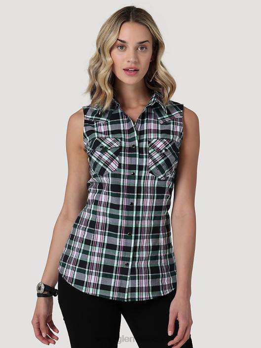 ropa mx Wrangler mujer top retro sin mangas a cuadros con broche occidental verde intenso (112330047) 62D6897
