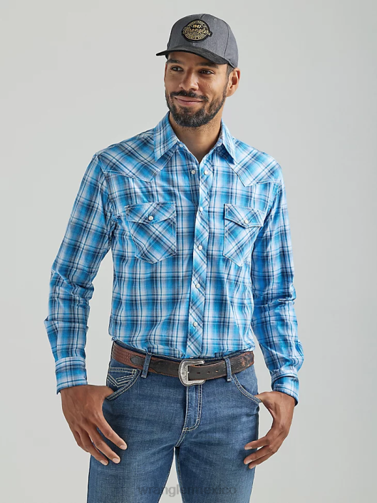 ropa mx Wrangler hombres Camisa a cuadros con botones a presión estilo occidental manga larga dos bolsillos comodidad avanzada 20x Competition azul (112324832) 62D6493