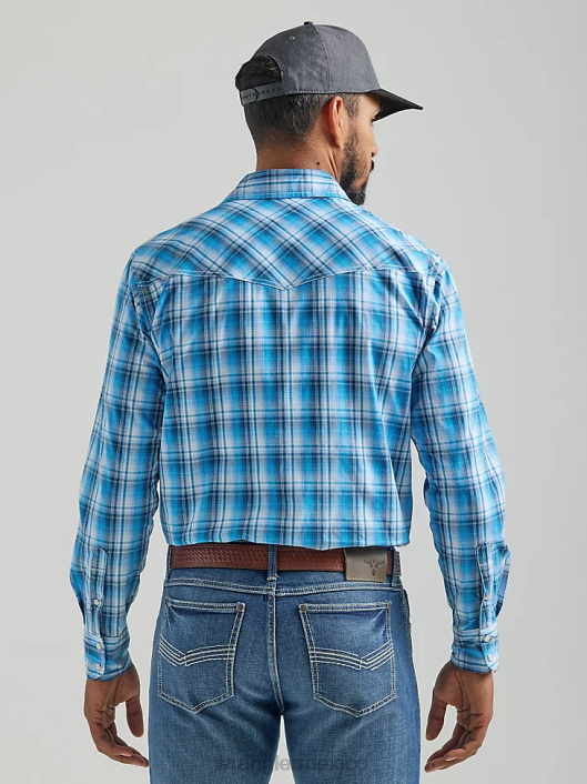 ropa mx Wrangler hombres Camisa a cuadros con botones a presión estilo occidental manga larga dos bolsillos comodidad avanzada 20x Competition azul (112324832) 62D6493