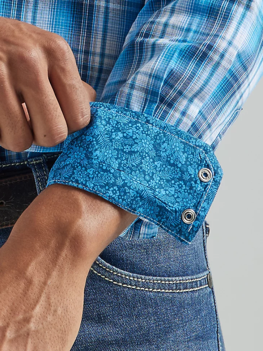 ropa mx Wrangler hombres Camisa a cuadros con botones a presión estilo occidental manga larga dos bolsillos comodidad avanzada 20x Competition azul (112324832) 62D6493