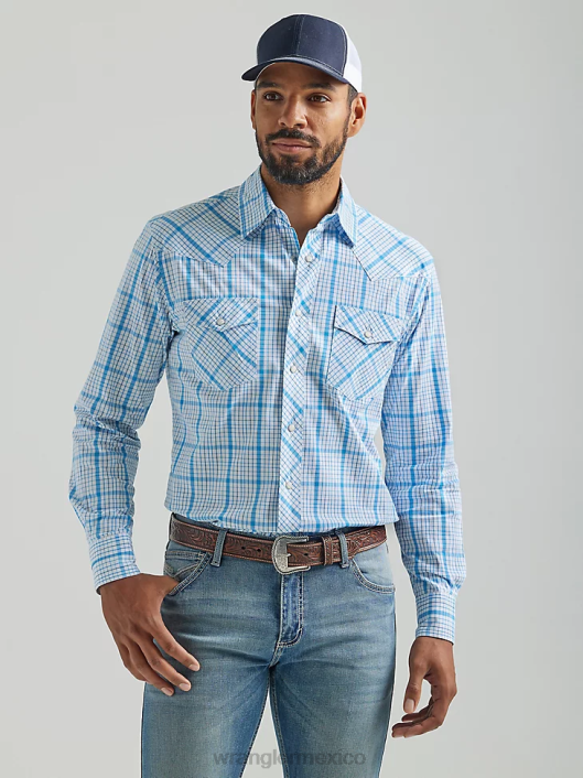 ropa mx Wrangler hombres Camisa a cuadros con botones a presión estilo occidental manga larga dos bolsillos comodidad avanzada 20x Competition azul celeste (112324829) 62D6491