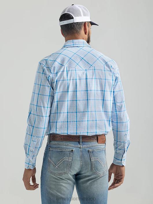 ropa mx Wrangler hombres Camisa a cuadros con botones a presión estilo occidental manga larga dos bolsillos comodidad avanzada 20x Competition azul celeste (112324829) 62D6491