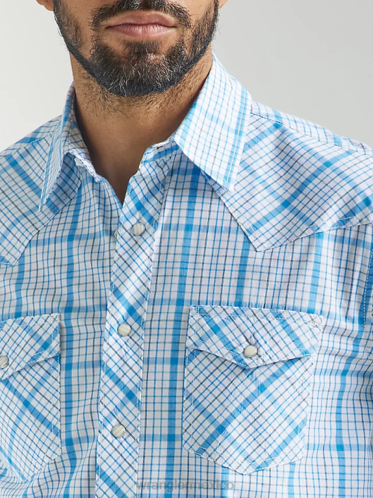 ropa mx Wrangler hombres Camisa a cuadros con botones a presión estilo occidental manga larga dos bolsillos comodidad avanzada 20x Competition azul celeste (112324829) 62D6491