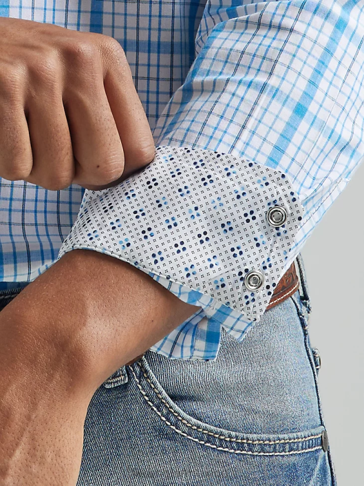 ropa mx Wrangler hombres Camisa a cuadros con botones a presión estilo occidental manga larga dos bolsillos comodidad avanzada 20x Competition azul celeste (112324829) 62D6491