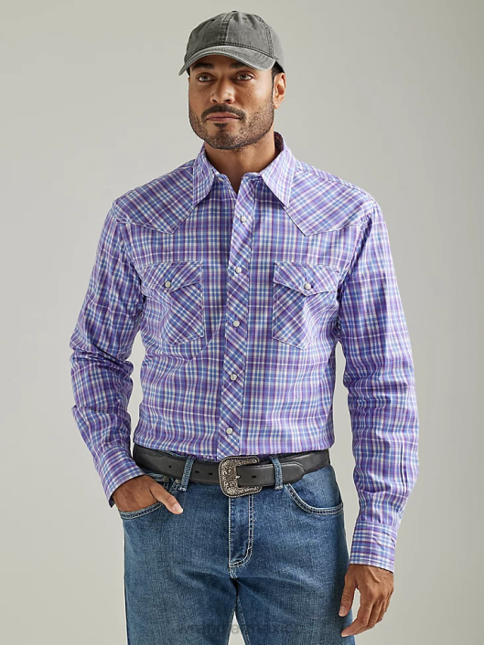 ropa mx Wrangler hombres Camisa a cuadros con botones a presión estilo occidental manga larga dos bolsillos comodidad avanzada 20x Competition cheque uva morada (112327809) 62D6496