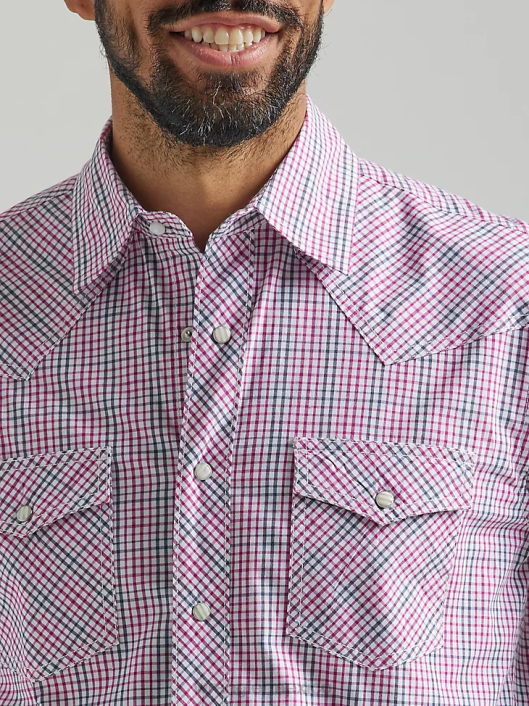 ropa mx Wrangler hombres Camisa a cuadros con botones a presión estilo occidental manga larga dos bolsillos comodidad avanzada 20x Competition mini rosa (112324834) 62D6492