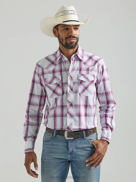 ropa mx Wrangler hombres Camisa a cuadros con botones a presión estilo occidental manga larga dos bolsillos comodidad avanzada 20x Competition rosa grande (112324837) 62D6494