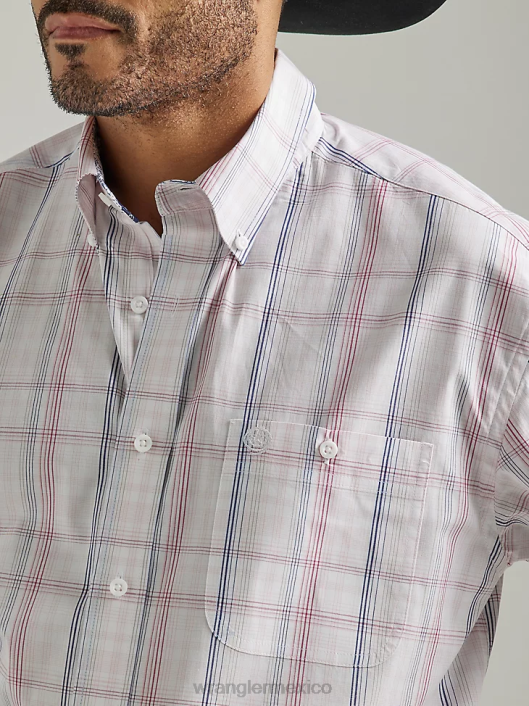 ropa mx Wrangler hombres Camisa a cuadros con botones y 1 bolsillo de manga corta George Strait cuadros rosa pastel (112327817) 62D6310