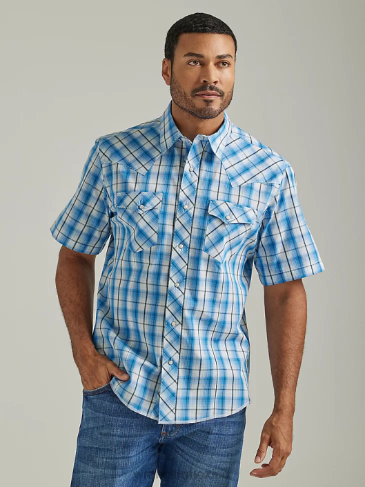ropa mx Wrangler hombres Camisa a cuadros con broche occidental de manga corta a presión a la moda horizontes azules (112326469) 62D6460