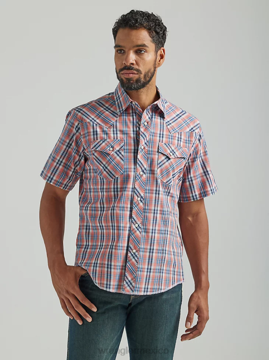 ropa mx Wrangler hombres Camisa a cuadros con broche occidental de manga corta a presión a la moda naranja (112324665) 62D6458