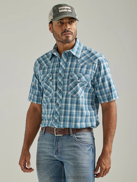ropa mx Wrangler hombres Camisa a cuadros de dos bolsillos con broche occidental de manga corta y comodidad avanzada de competición 20x cheque pacífico (112327806) 62D6453