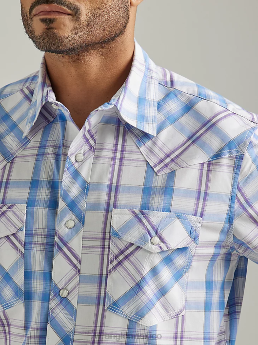 ropa mx Wrangler hombres Camisa a cuadros de dos bolsillos con broche occidental de manga corta y comodidad avanzada de competición 20x iris morado (112327811) 62D6454