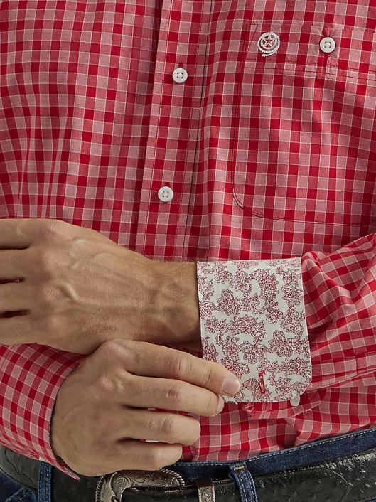 ropa mx Wrangler hombres Camisa a cuadros de manga larga con botones y un bolsillo de George Strait cuadros rojo rosado (112327829) 62D6318