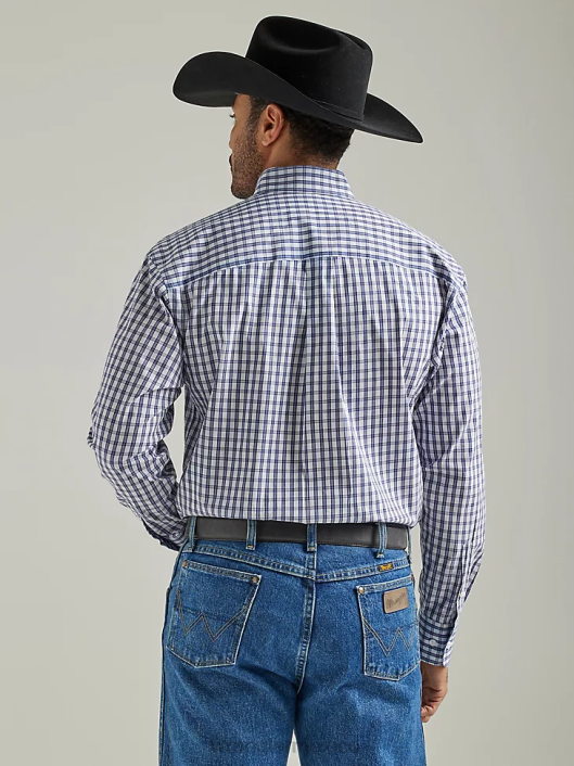 ropa mx Wrangler hombres Camisa a cuadros de manga larga con botones y un bolsillo de George Strait índigo grueso (112327827) 62D6320