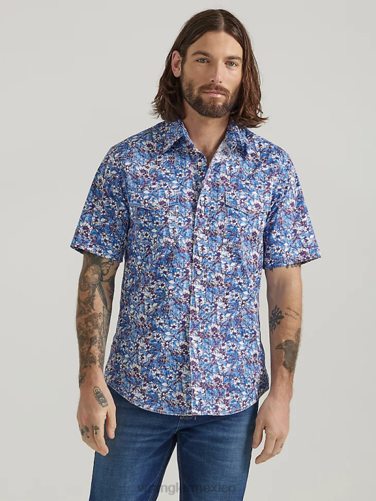 ropa mx Wrangler hombres Camisa de manga corta con estampado de broche occidental y comodidad avanzada de competición 20x acuarela violeta (112327810) 62D6504