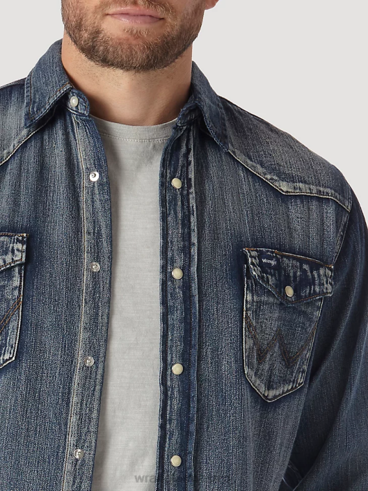 ropa mx Wrangler hombres Camisa de trabajo de mezclilla occidental de manga larga con corte vaquero azul antiguo (ms1039w) 62D6408