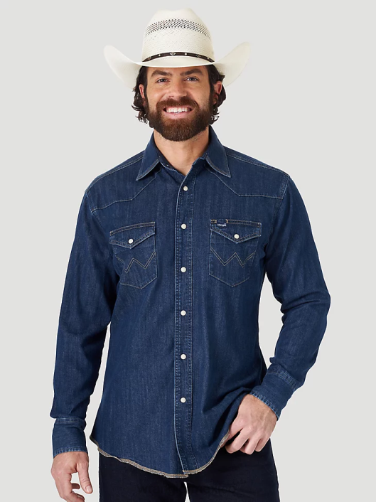 ropa mx Wrangler hombres Camisa de trabajo de mezclilla occidental de manga larga con corte vaquero mezclilla oscura (ms1041d) 62D6406