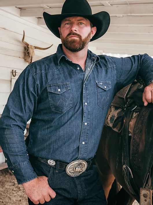 ropa mx Wrangler hombres Camisa de trabajo de mezclilla occidental de manga larga con corte vaquero mezclilla oscura (ms1041d) 62D6406