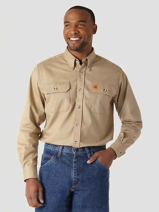 ropa mx Wrangler hombres Camisa de trabajo resistente al fuego riggs workwear fr caqui (fr3w5kh) 62D6405