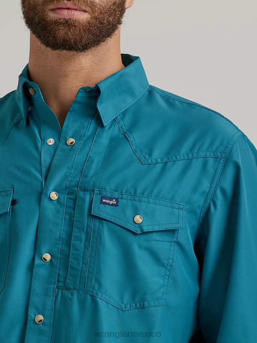 ropa mx Wrangler hombres Camisa lisa de manga larga con broche de rendimiento verde azulado intenso (112326173) 62D6433