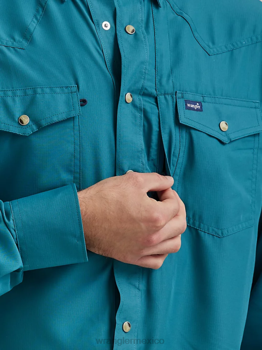 ropa mx Wrangler hombres Camisa lisa de manga larga con broche de rendimiento verde azulado intenso (112326173) 62D6433